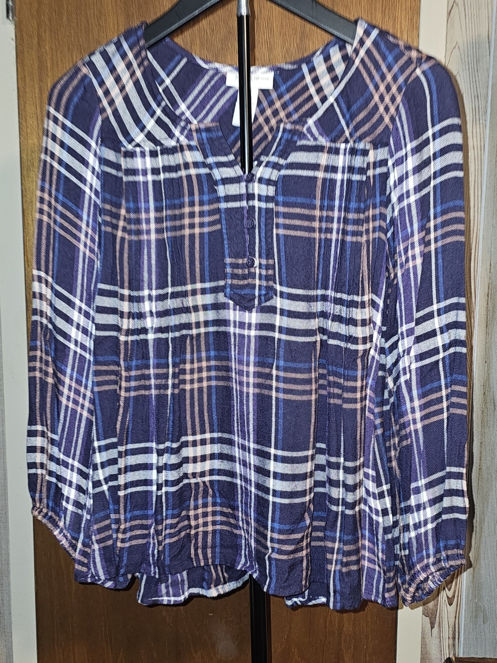Style & Co. Navy Plaid Button-Front Peasant Petite Blouse